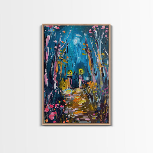 Mystical Cemetery with Glowing Flowers Framed Canvas Print, Wall Art, Halloween Graveyard Art, Enchanted Forest Decor, Spooky Artwork