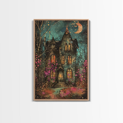 Enchanted Gothic House Framed Canvas Print, Halloween Wall Art, Spooky Art, Home Decor, Living Room Decor, Gothic Artwork, Haunted House