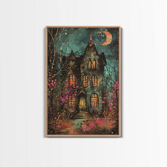 Enchanted Gothic House Framed Canvas Print, Halloween Wall Art, Spooky Art, Home Decor, Living Room Decor, Gothic Artwork, Haunted House
