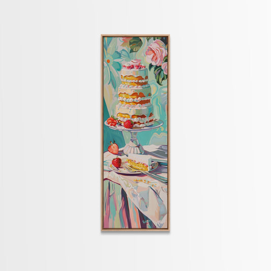 Cake Wall Art Framed and Printed on Canvas, Wall Art for Kitchen or Bakery, Food Art Print, Tall and Narrow Colorful Art for Kitchen