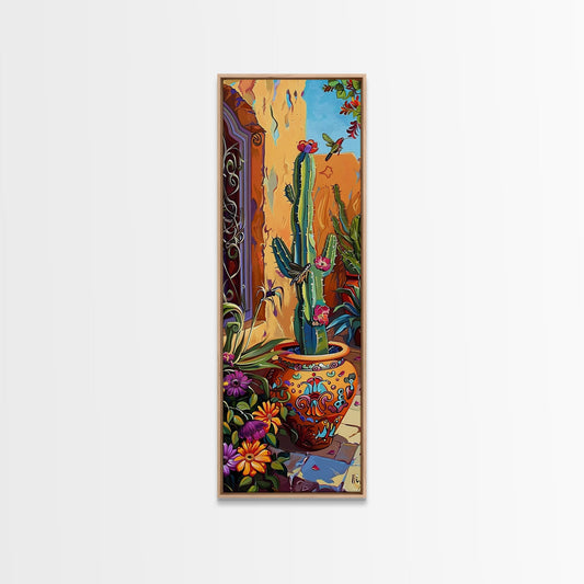 Colorful Canvas Painting of Cactus Framed, Botanical Wall Art Print, Spanish Inspired Canvas Painting, Long and Narrow Living Room Wall Art