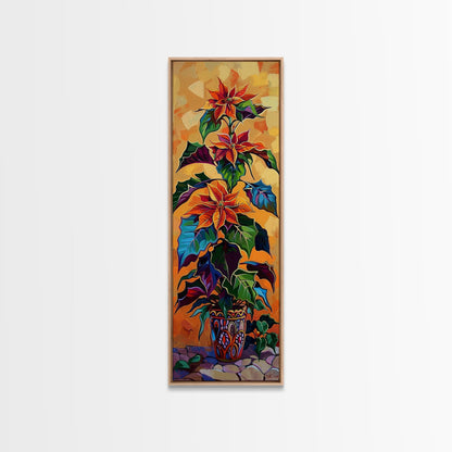 Oversized Spanish Style Poinsettia Canvas Painting Framed and Printed, Botanical Wall Art, Textured Canvas Painting, Vertical Framed Art