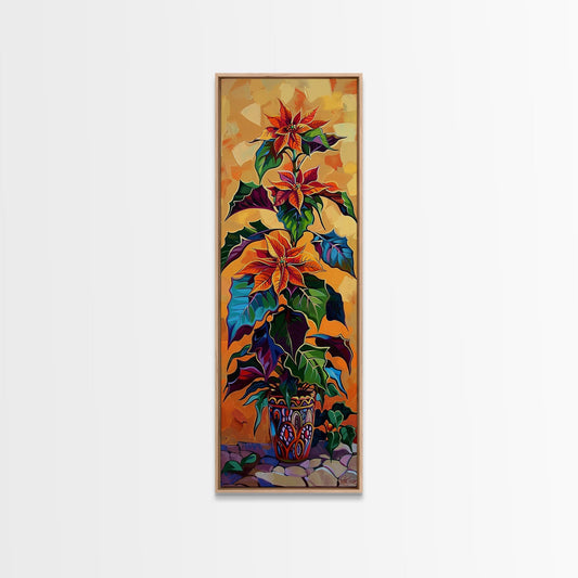 Oversized Spanish Style Poinsettia Canvas Painting Framed and Printed, Botanical Wall Art, Textured Canvas Painting, Vertical Framed Art