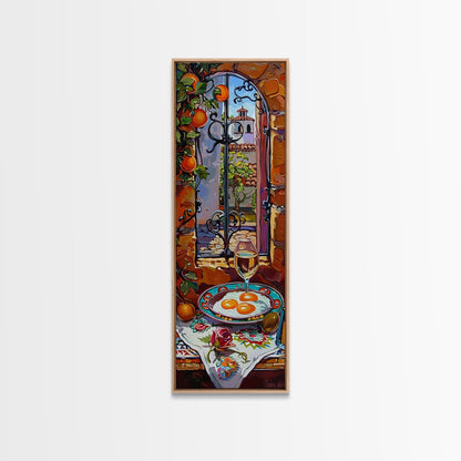 Oversized Mediterranean Style Cafe Painting Framed on Canvas, Whimsical Art, Vertical Wall Art, Spanish Style Cafe Painting, Kitchen Art