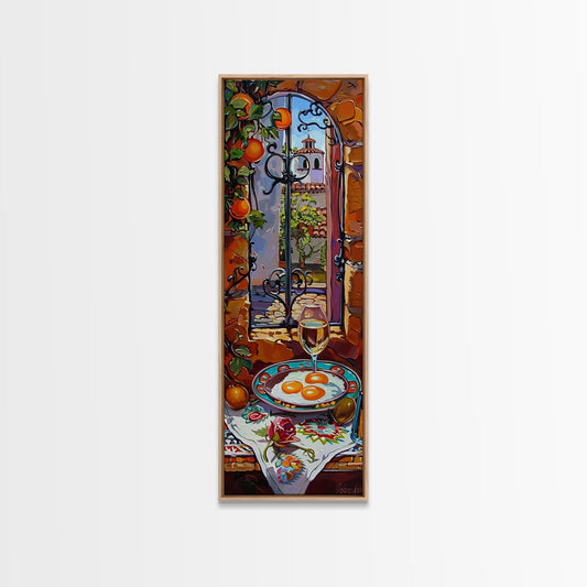 Oversized Mediterranean Style Cafe Painting Framed on Canvas, Whimsical Art, Vertical Wall Art, Spanish Style Cafe Painting, Kitchen Art