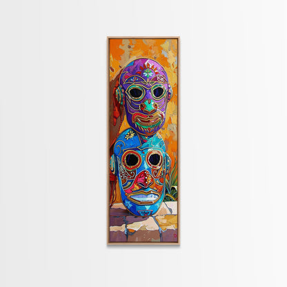 Colorful Tribal Art Painting Framed on Canvas, Spanish Style Canvas Painting, Vertical Framed Art for Living Room, Modern Canvas Art