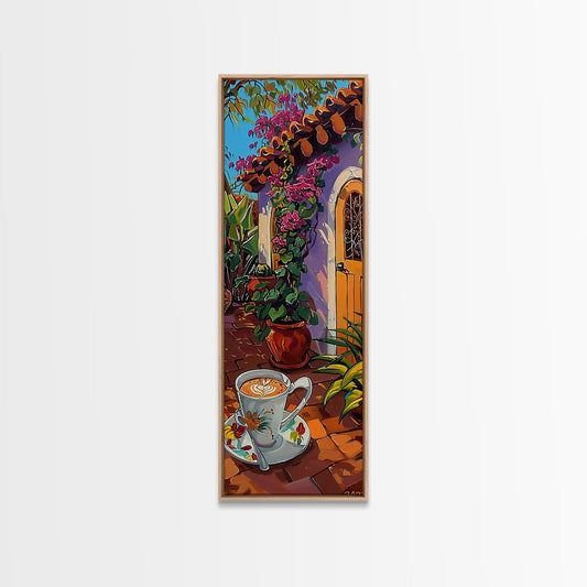 Rustic Garden Oil Painting Framed and Printed on Canvas, Tall Narrow Triptych Art Print, Coastal Art, Coffee Art, Contemporary Art Print