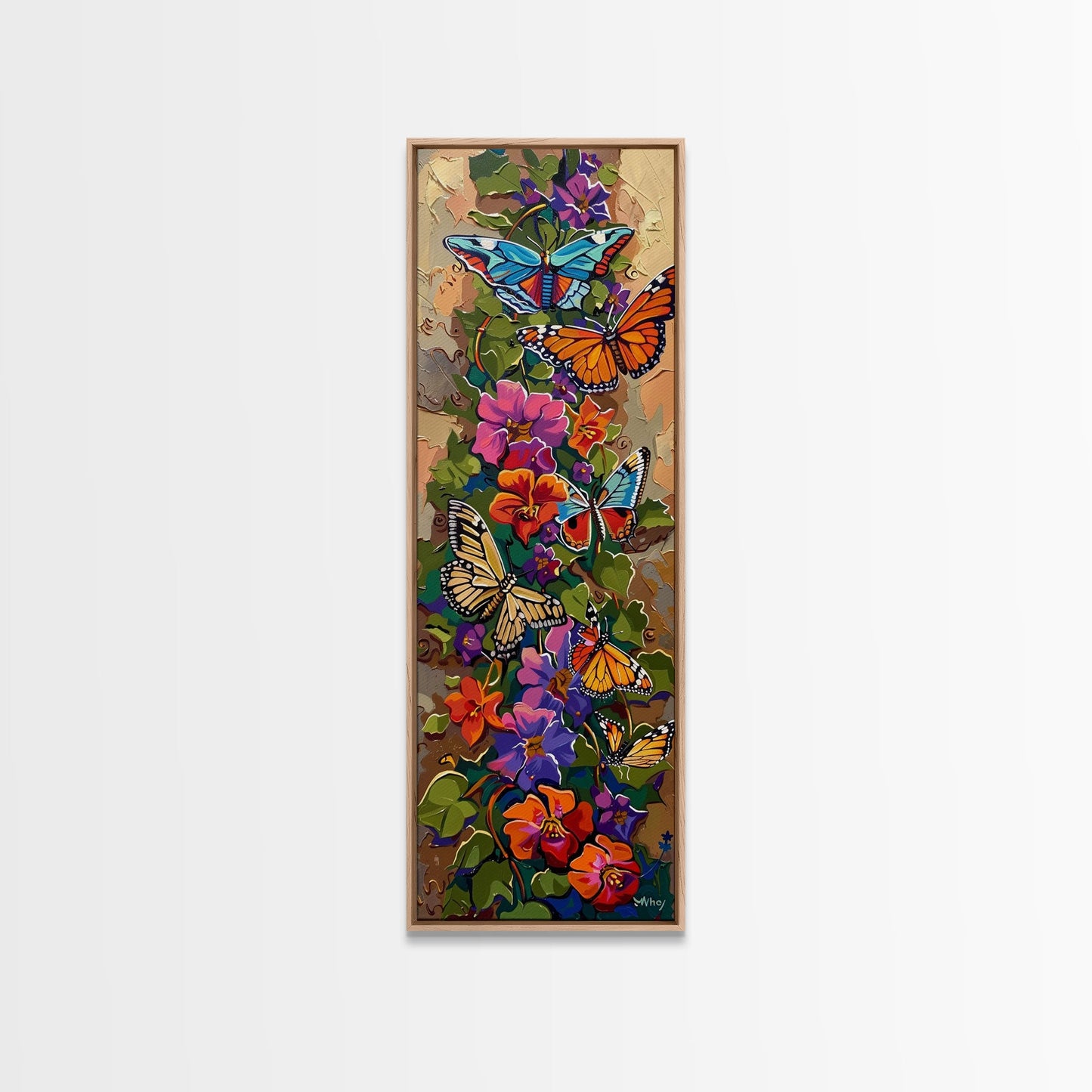 Colorful Abstract Framed Butterfly Canvas Art, Gouache Style Painting, Botanical Wall Art, Oversized Long Narrow Wall Art for Bedroom