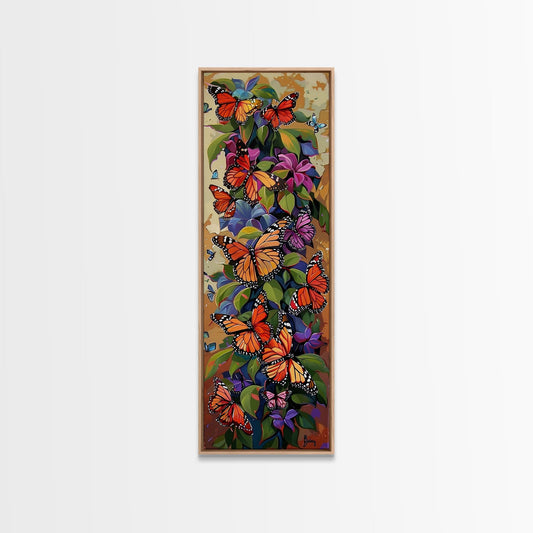 Colorful Butterfly Vertical Framed Canvas Oil Painting, Abstract Botanical Wall Art, Gouache Style Painted Art, Housewarming Gift for Her