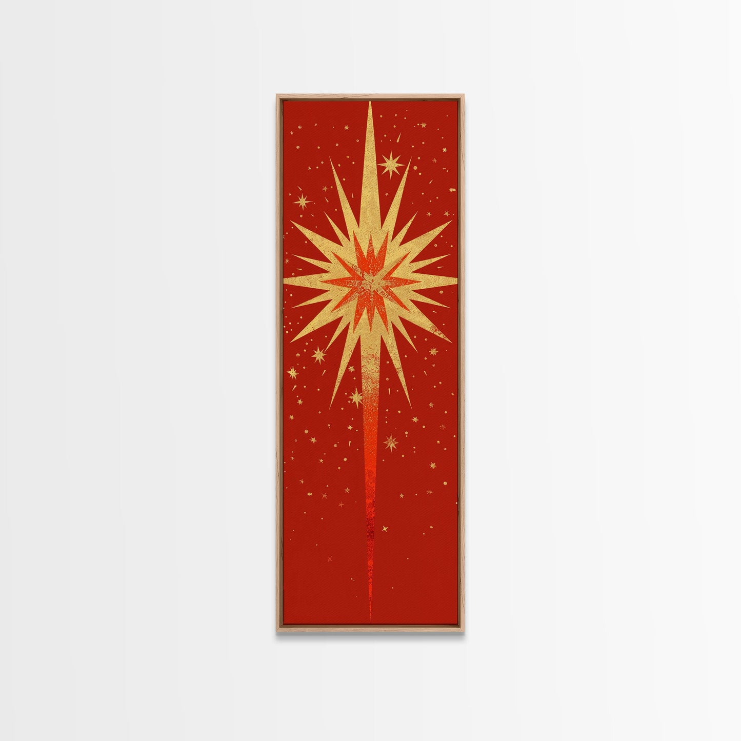 Retro Sunburst Art on Distressed Background - Framed Canvas Print, Midcentury Modern Skinny Art, Tall Wall Art for Living Room or Bedroom Decor