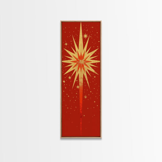 Retro Sunburst Art on Distressed Background - Framed Canvas Print, Midcentury Modern Skinny Art, Tall Wall Art for Living Room or Bedroom Decor