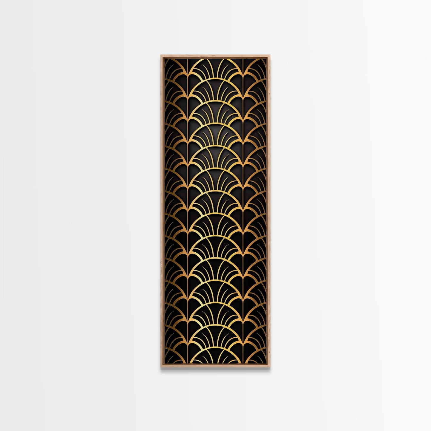 Abstract Gold Geometric Pattern on Black Background - Framed Canvas Print, Art Deco Style, Skinny Art, Tall Art, Midcentury Modern Art, Living Room Wall Decor