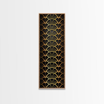 Abstract Gold Geometric Pattern on Black Background - Framed Canvas Print, Art Deco Style, Skinny Art, Tall Art, Midcentury Modern Art, Living Room Wall Decor