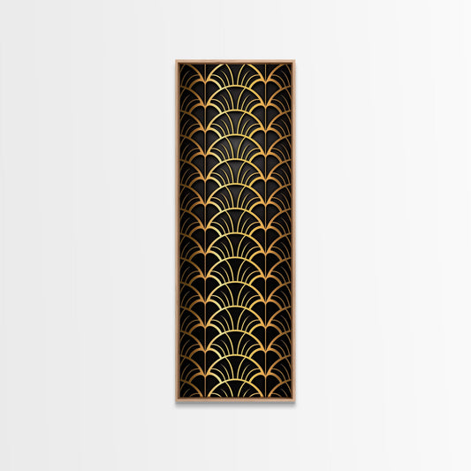 Abstract Gold Geometric Pattern on Black Background - Framed Canvas Print, Art Deco Style, Skinny Art, Tall Art, Midcentury Modern Art, Living Room Wall Decor