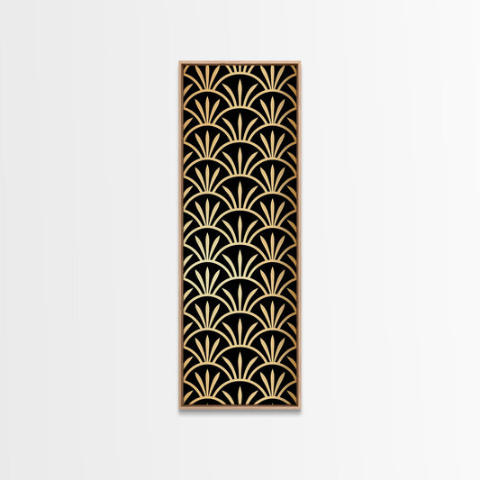 Retro Flower Motif in Orange and Green Tones - Framed Canvas Print, Midcentury Modern Art, Skinny Art, Tall Art, Living Room Wall Decor, Boho Art