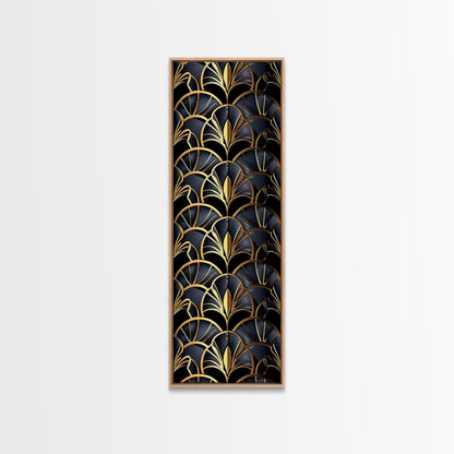 Gold Art Deco Pattern on Black Background - Framed Canvas Print, Midcentury Modern Art, Skinny Art, Tall Art, Living Room Wall Decor, Minimalist Art