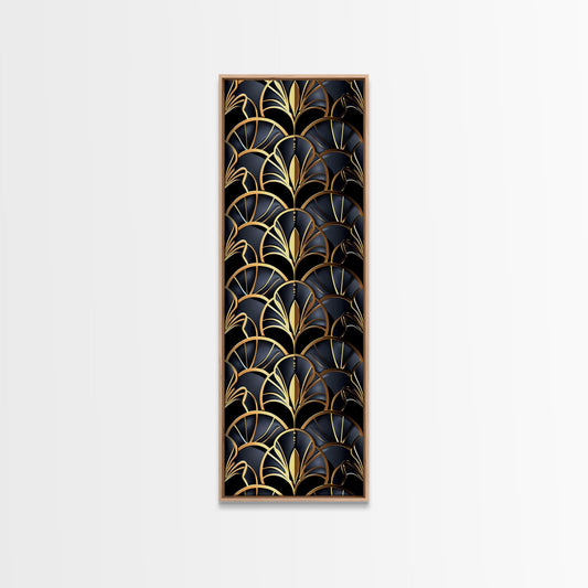 Gold Art Deco Pattern on Black Background - Framed Canvas Print, Midcentury Modern Art, Skinny Art, Tall Art, Living Room Wall Decor, Minimalist Art