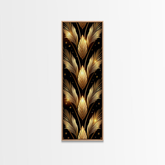 Gold Leaf Pattern on Black Background - Framed Canvas Print, Midcentury Modern Art, Skinny Art, Tall Art, Living Room Wall Decor, Minimalist Art