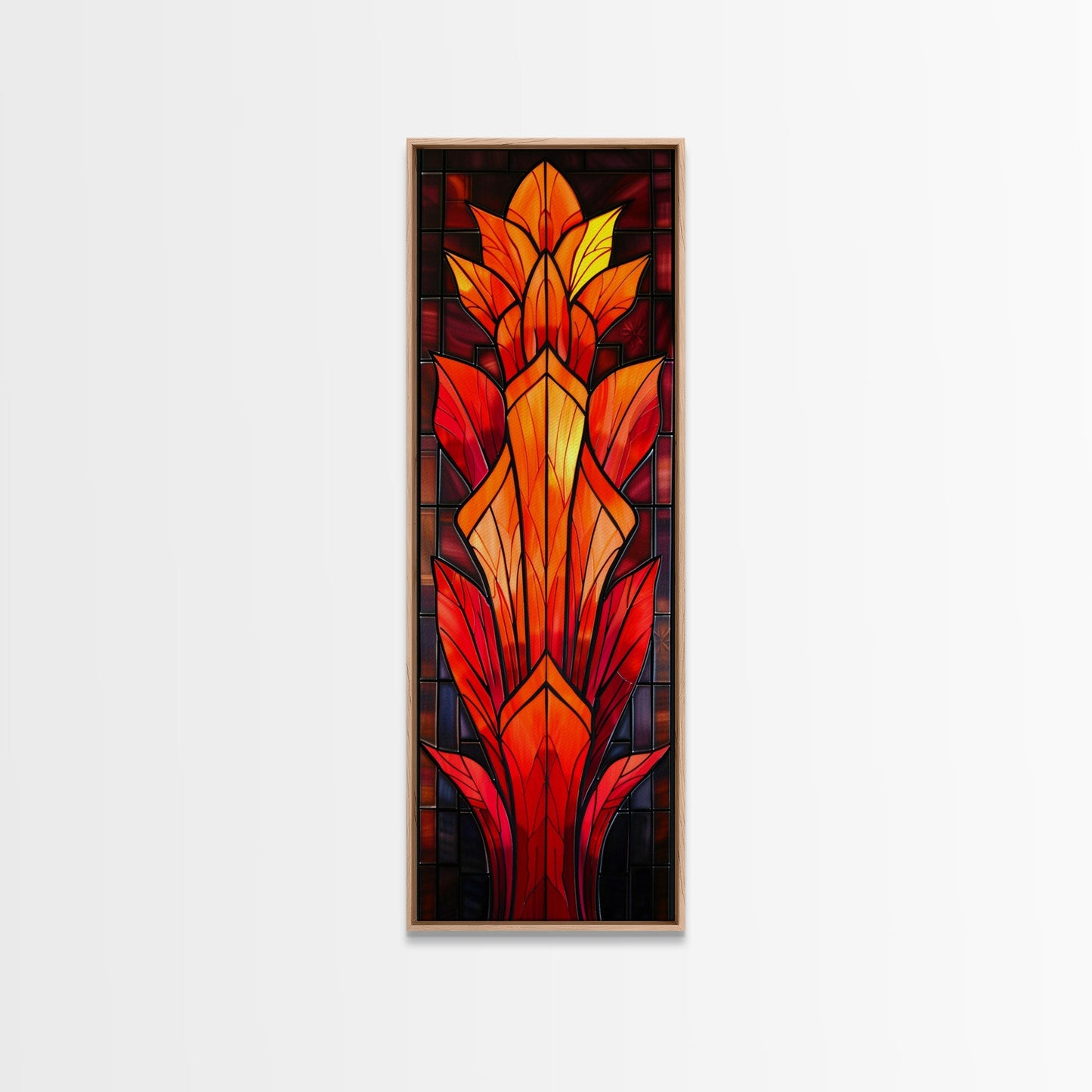 Red and Orange Floral Stained Glass Design - Framed Canvas Print, Midcentury Modern Art, Skinny Art, Tall Art, Living Room Wall Decor, Boho Art