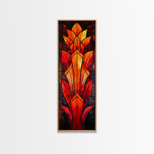 Red and Orange Floral Stained Glass Design - Framed Canvas Print, Midcentury Modern Art, Skinny Art, Tall Art, Living Room Wall Decor, Boho Art
