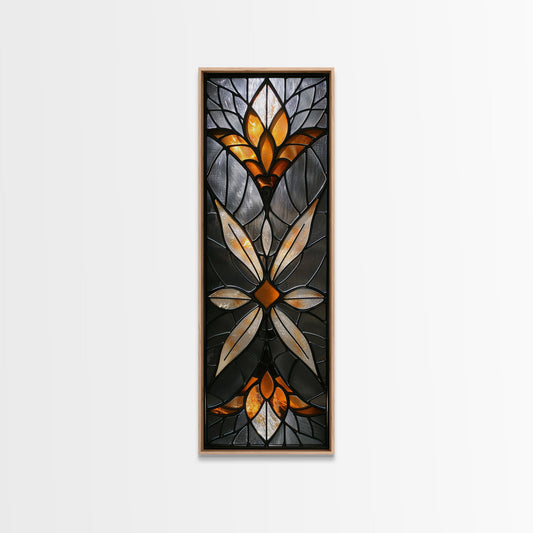 Amber and White Stained Glass Floral Design - Framed Canvas Print, Midcentury Modern Art, Skinny Art, Tall Art, Living Room Wall Decor, Boho Art
