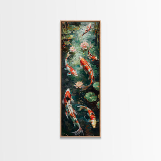 Mystic Forest Pond Koi Fish Boho Farmhouse Wall Art Framed Canvas Print Tall Art Japanese Style Art
