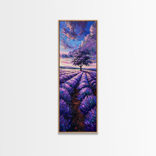 Majestic Lavender Tree in a Flower Field, Skinny and Tall Art, Serene Framed Canvas Print, Peaceful Home Decor