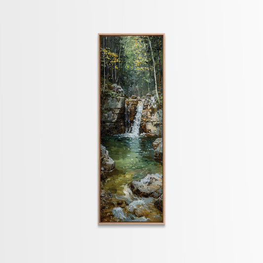 Framed Canvas Print Skinny Art of a Serene Waterfall Cascading into a Tranquil Pool in a Lush Forest Landscape, Perfect Tall Art for Nature Lovers
