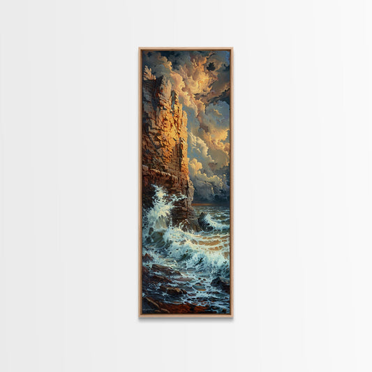 Majestic Cliffside and Crashing Waves in a Coastal Landscape on a Framed Canvas Print Tall Art Piece