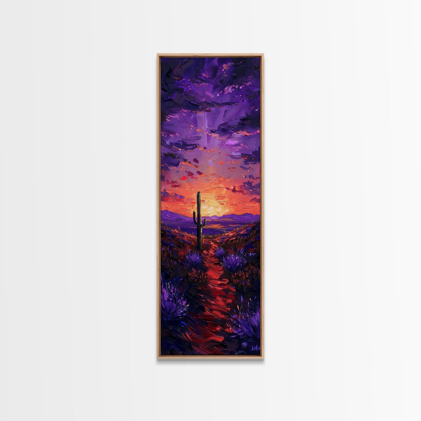 Colorful Sunset Over a Desert Landscape with a Saguaro Cactus and Dramatic Sky on a Framed Canvas Print Skinny Art Piece