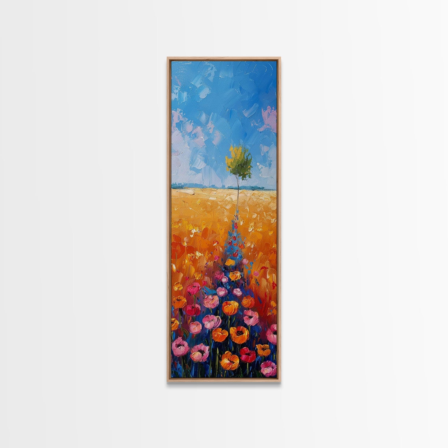 Colorful Wildflowers in a Field with a Lone Tree Under a Bright Blue Sky on a Framed Canvas Print Tall Art Piece