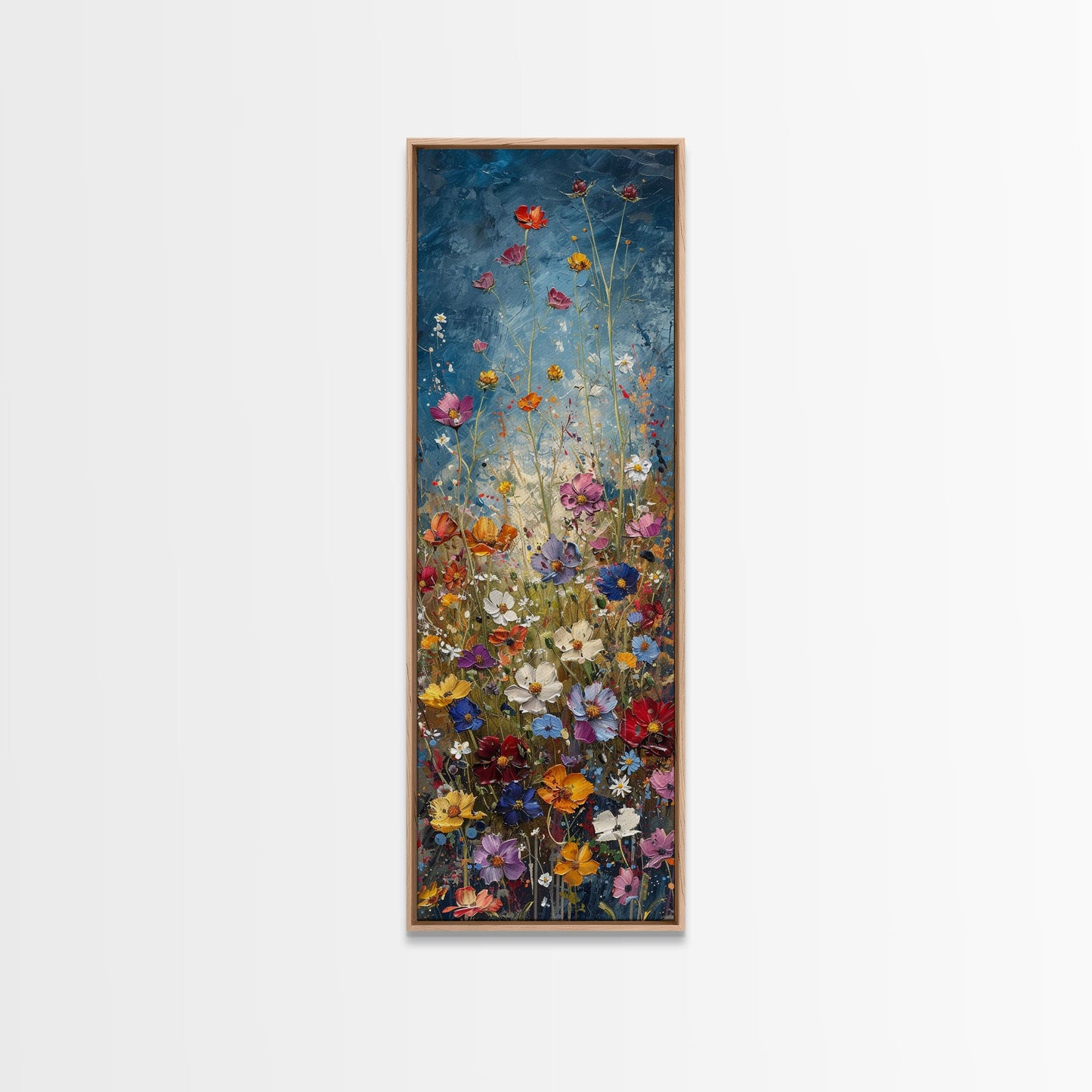 Wildflowers Blooming Against a Dramatic Sky in a Lush Meadow on a Framed Canvas Print Tall Art Piece