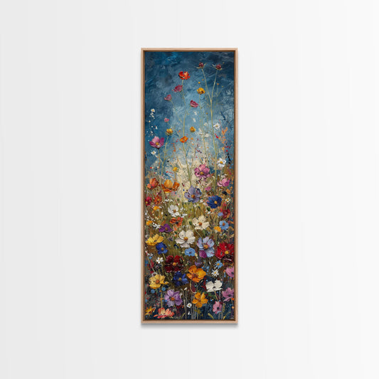 Wildflowers Blooming Against a Dramatic Sky in a Lush Meadow on a Framed Canvas Print Tall Art Piece