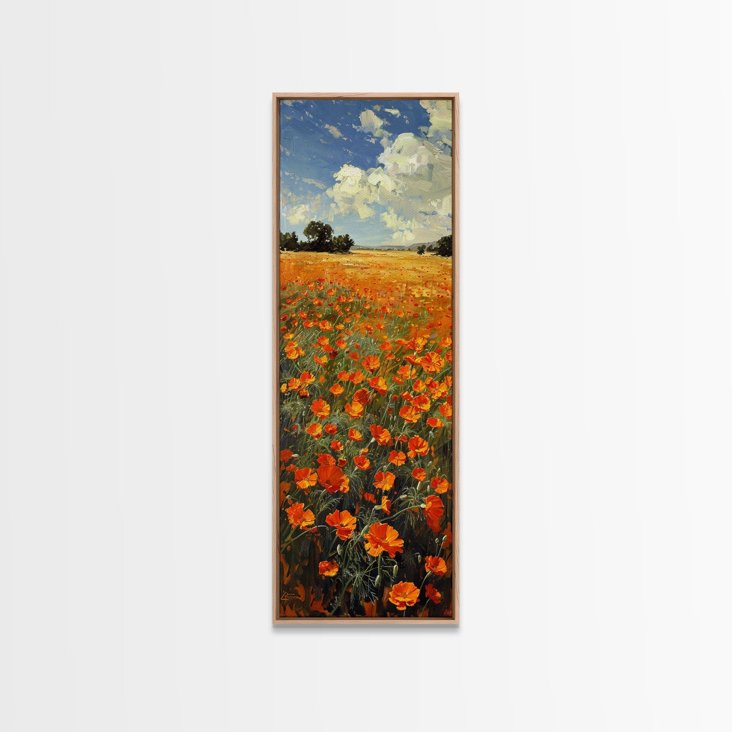 Expansive Poppy Field Under a Bright Blue Sky on a Framed Canvas Print Skinny Art Piece