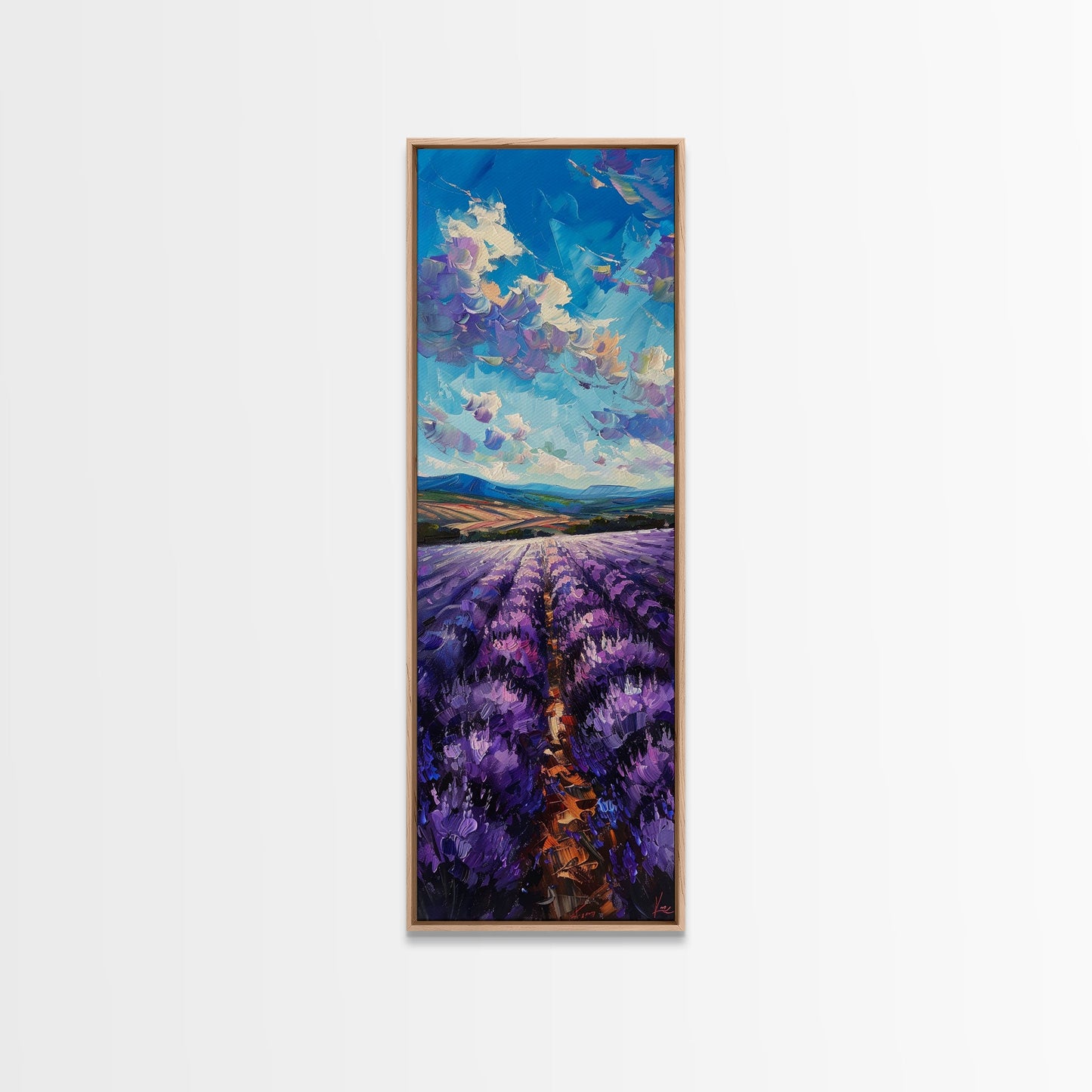 Framed Canvas Print of Wide Lavender Fields Under a Bright Sky Featuring Skinny Tall Art for Stunning Wall Decor in Home or Office