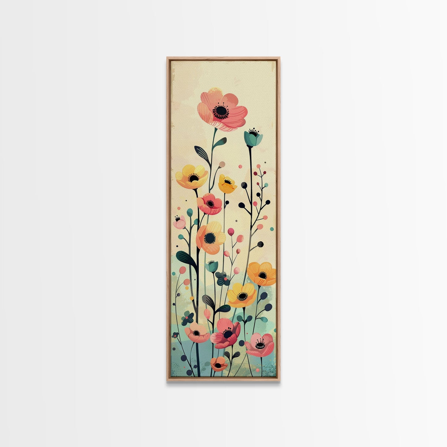 Bright Field of Wildflowers Skinny Art Tall Art Japanese Ukiyo-e Inspired Floral Print Framed Canvas Wall Art