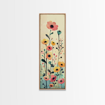 Bright Field of Wildflowers Skinny Art Tall Art Japanese Ukiyo-e Inspired Floral Print Framed Canvas Wall Art