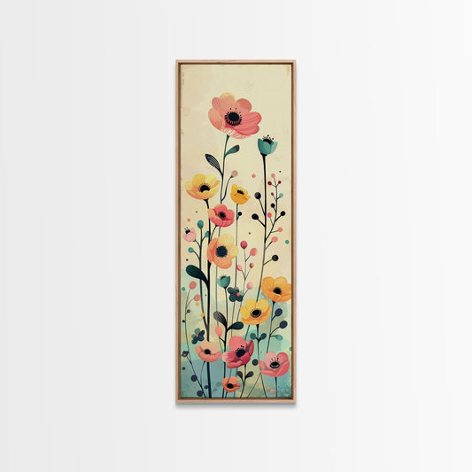Bright Field of Wildflowers Skinny Art Tall Art Japanese Ukiyo-e Inspired Floral Print Framed Canvas Wall Art