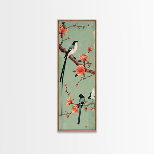 Elegant Birds on Branches Skinny Art Tall Art Japanese Ukiyo-e Inspired Bird and Nature Framed Canvas Print