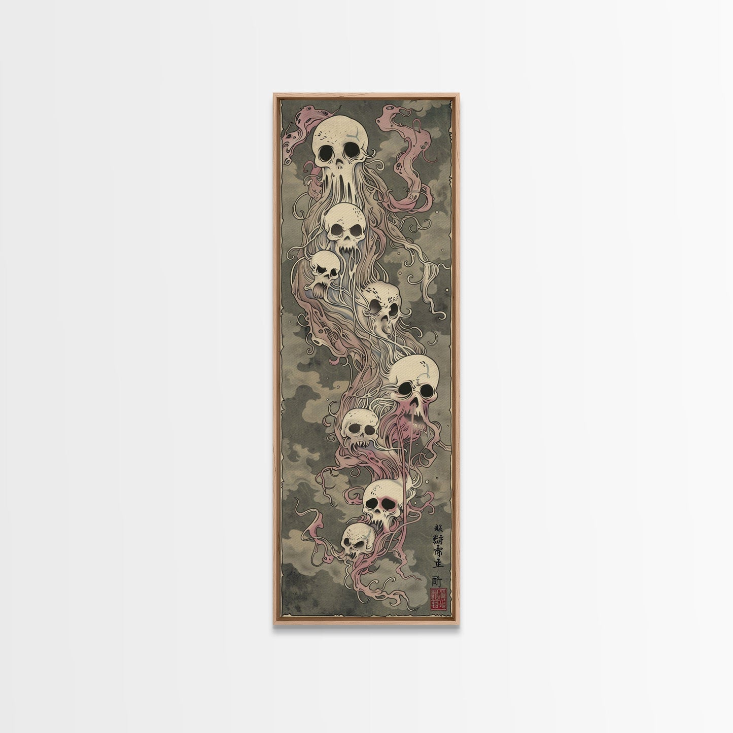 Hauntingly Beautiful Floating Skulls on Tall Vertical Canvas Print Featuring Japanese Ghostly Art in Eerie Style