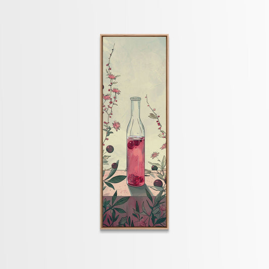 Skinny Art of Still Life with Elegant Glass Bottle and Floral Accents – Japanese-Inspired Framed Canvas Print