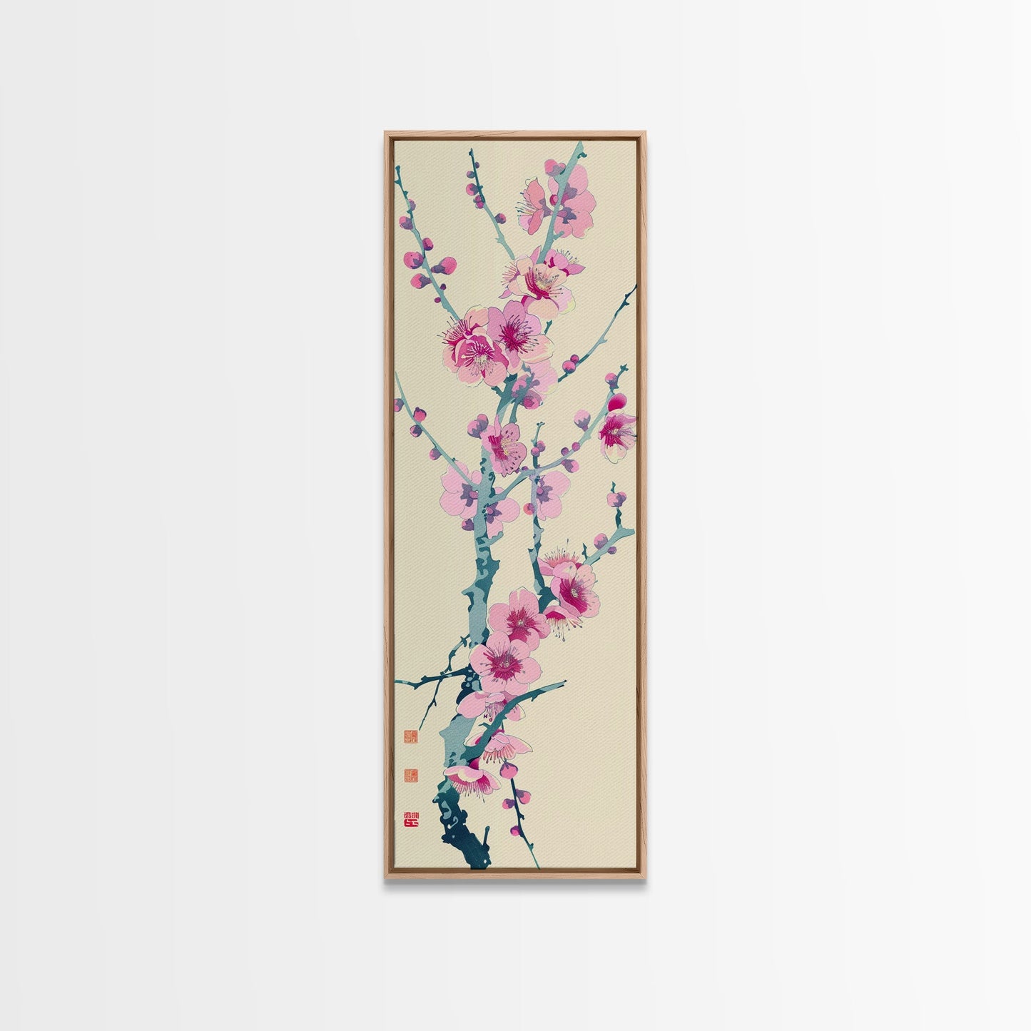 Plum Blossom Branch in Japanese Skinny Art with Delicate Pink Flowers – Framed Canvas Print