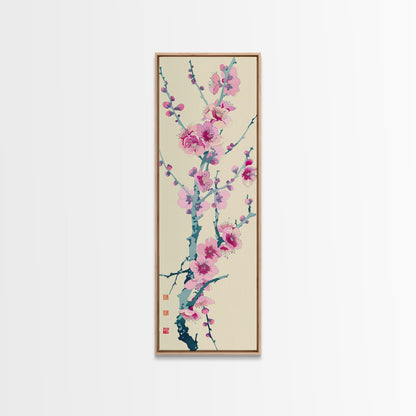 Plum Blossom Branch in Japanese Skinny Art with Delicate Pink Flowers – Framed Canvas Print