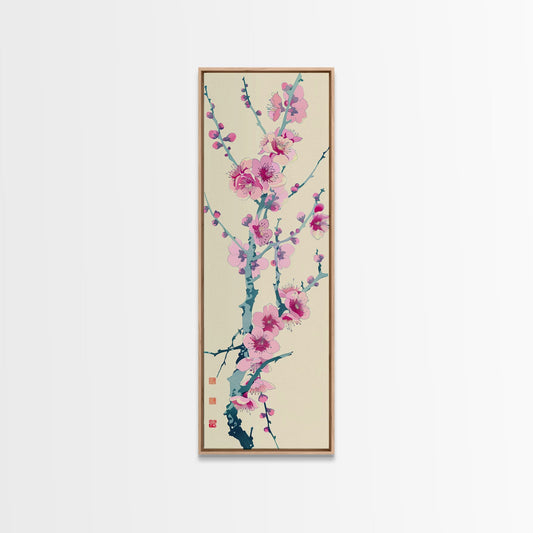 Plum Blossom Branch in Japanese Skinny Art with Delicate Pink Flowers – Framed Canvas Print