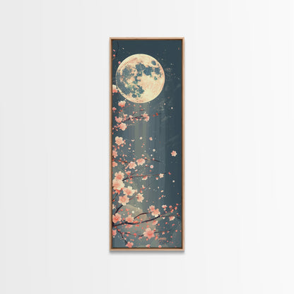 Full Moon with Cherry Blossom Ukiyo-e Art, Framed Canvas Print Perfect for Skinny and Tall Spaces, Japanese Style Art