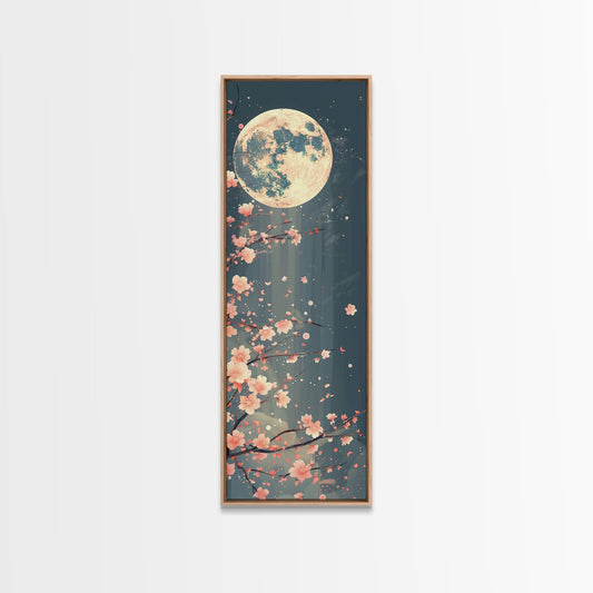 Full Moon with Cherry Blossom Ukiyo-e Art, Framed Canvas Print Perfect for Skinny and Tall Spaces, Japanese Style Art