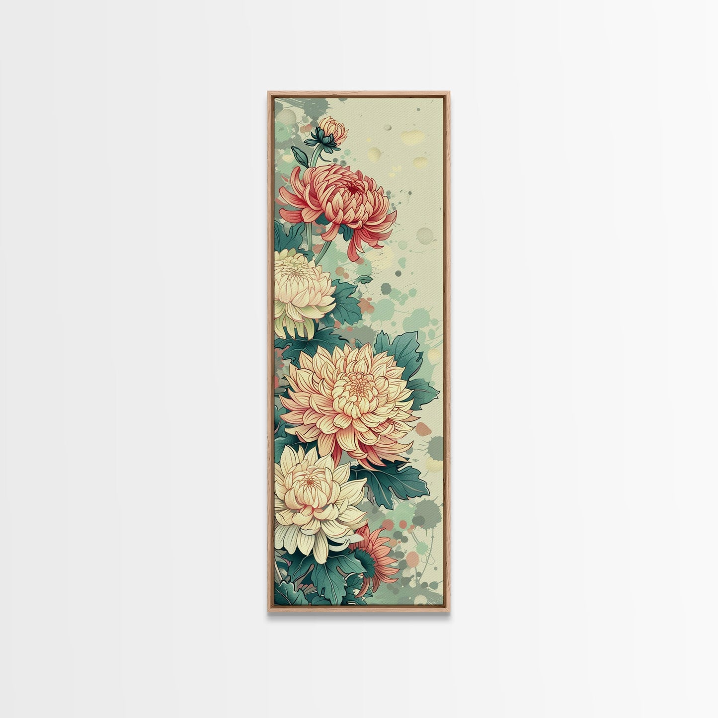 Chrysanthemums in Traditional Japanese Art, Ukiyo-e Style Framed Canvas Print Perfect for Tall and Skinny Spaces