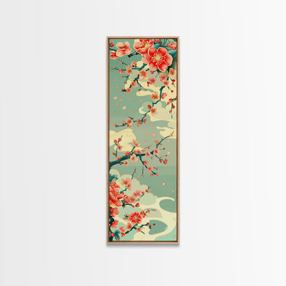 Plum Blossoms, Turquoise Sky, Japanese Art, Skinny Art, Tall Art, Framed Canvas Print, Ukiyo-e Style