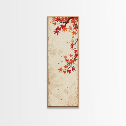 Skinny Art Maple Branch In Japanese Style Wood Block Print Autumn Leaves On Framed Canvas Print, Tall Art Ukiyo-e