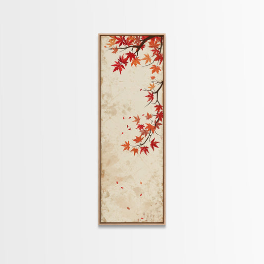 Skinny Art Maple Branch In Japanese Style Wood Block Print Autumn Leaves On Framed Canvas Print, Tall Art Ukiyo-e